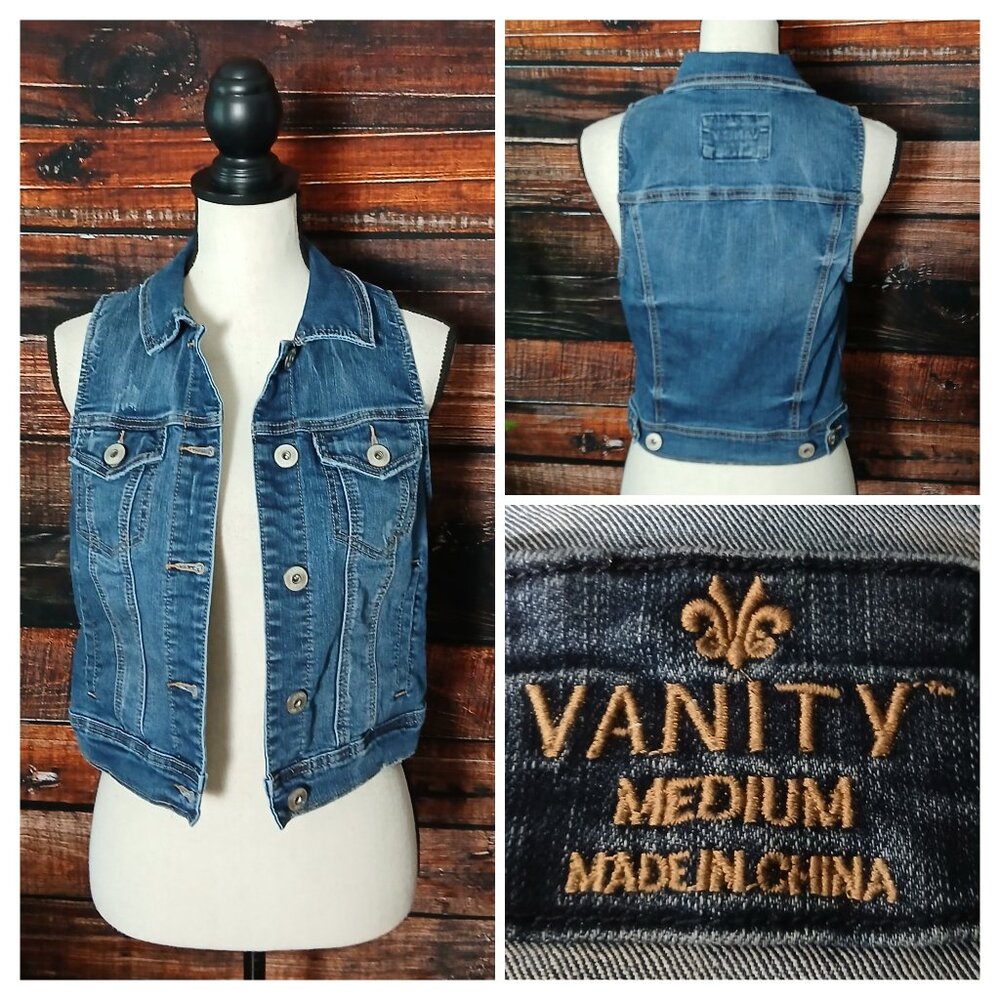 Vanity Y2K Denim Vest M Blue Jean Button Front Distressed Cropped